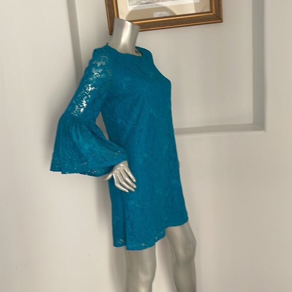 Laundry By Shelli Segal Bell Sleeve Lace A-Line Dress Blue Size 6 - Picture 4 of 14